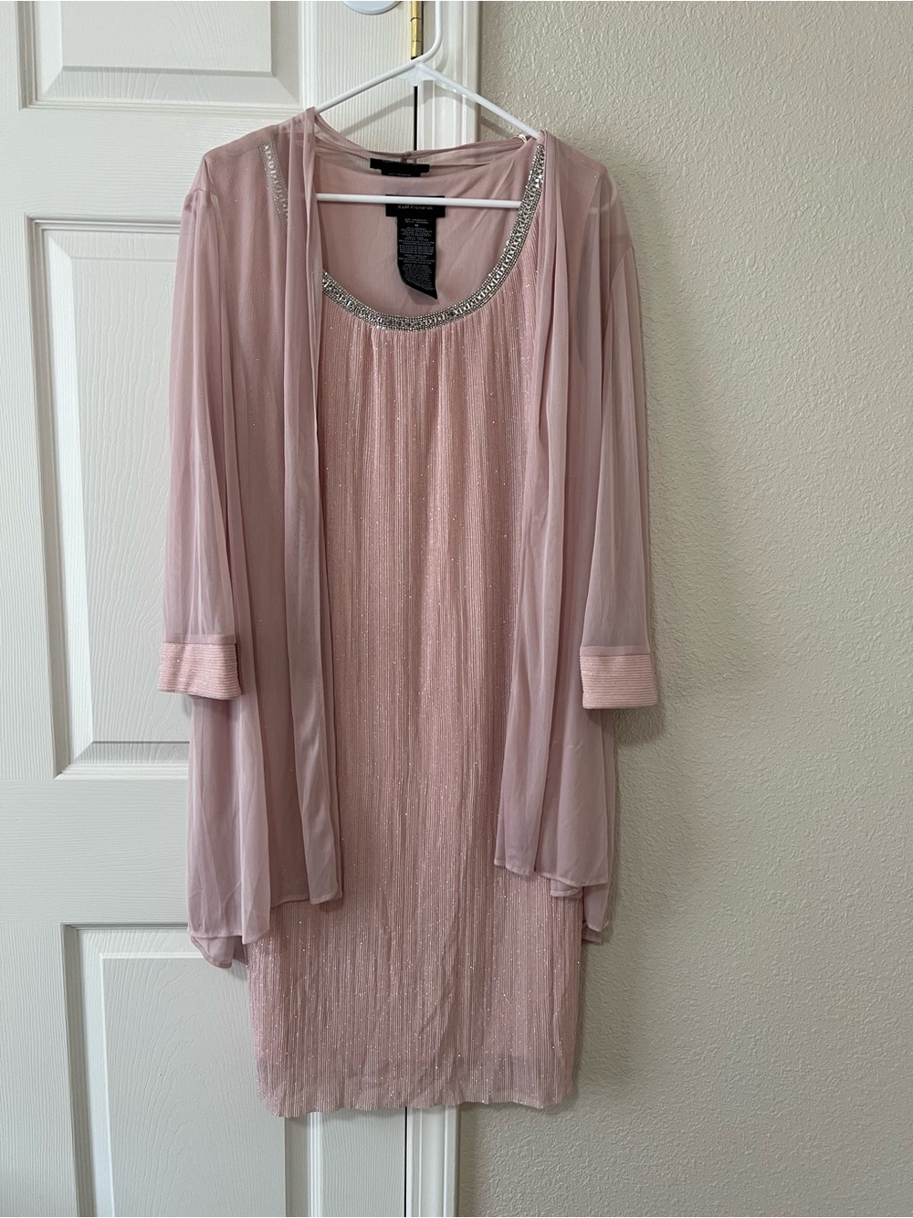 R&M Richards Blush Glitter Pleated Chiffon Jacket Dress 2 Piece Beaded Size 16